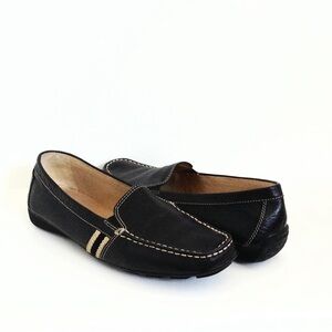 Geox Black Leather Tan stitching Side Stripes Women’s Driving Loafers 38.5 8